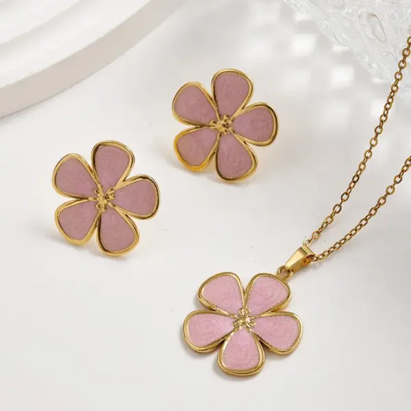 Wholesale European And American Trendy Fashion Ins Style Gold-Plated Imitation Gold 304 Stainless Steel Colorful Oil-Drip Flower Stud Earrings Necklace Set