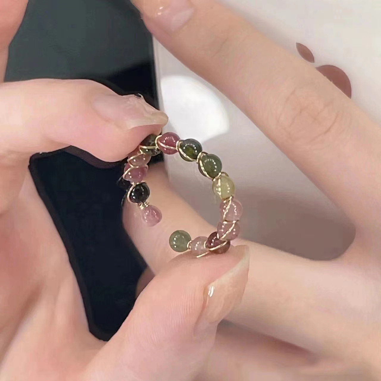 Wholesale Explosive opening ring women imitation tourmaline light luxury niche design food finger ring retro color crystal beads ring