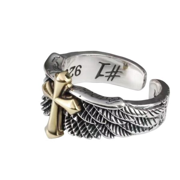 Wholesale Chiba Original Retro S925 Thai Sier Wings Cross Graiti Letter Open Ring Domineering Personalized Men's Ring