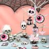 Wholesale 20Pcs Halloween Wooden Hanging Ornaments Pink Black Skull Pumpkin Spider Cat Eyeball with Rope Party Supplies