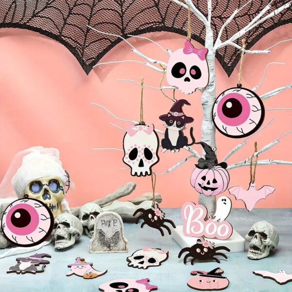 Wholesale 20Pcs Halloween Wooden Hanging Ornaments Pink Black Skull Pumpkin Spider Cat Eyeball with Rope Party Supplies