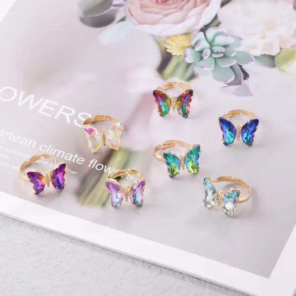 Wholesale Jewelry Fashion Insect Gradient Color Butterfly Copper Glass Adjustable Ring