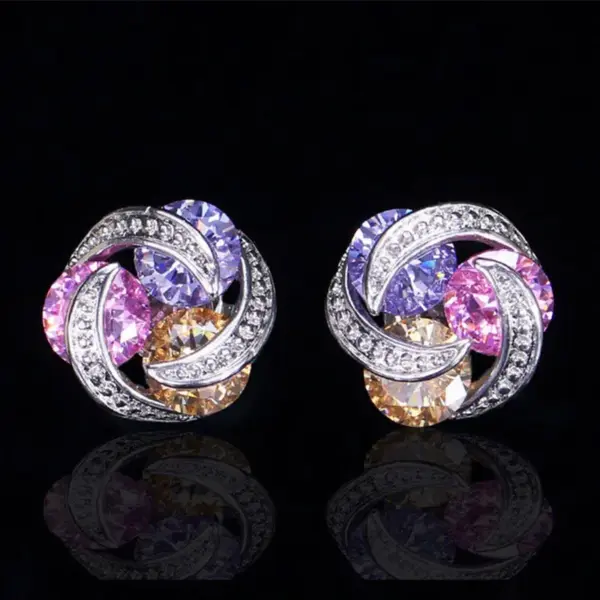 Fashion Flower Diamond Copper Artificial Gemstones Earrings