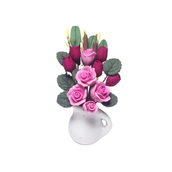 Wholesale 1:12 Dollhouse Accessories Dollhouse Mini Clay Flower Red Rose Pink Magnolia White Jar Flower Arrangement Model