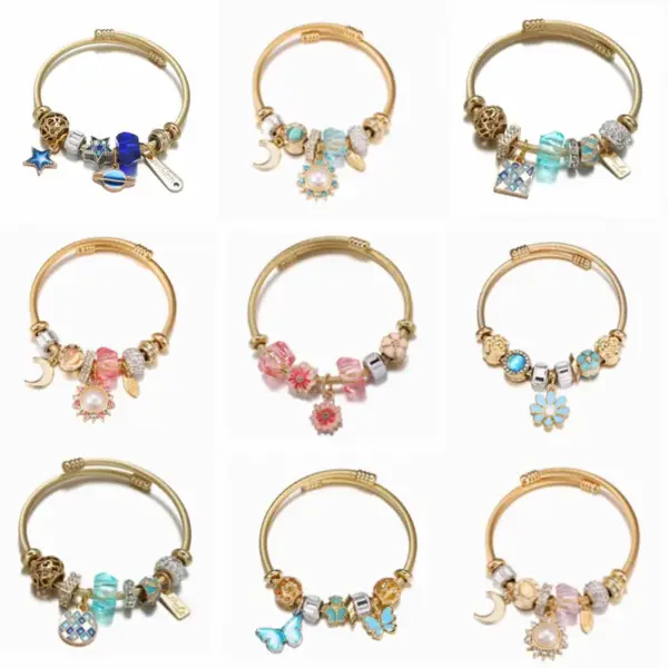 Wholesale Cartoon Style Geometric Stainless Steel Patchwork Artificial Gemstones Bangle 1 Piece