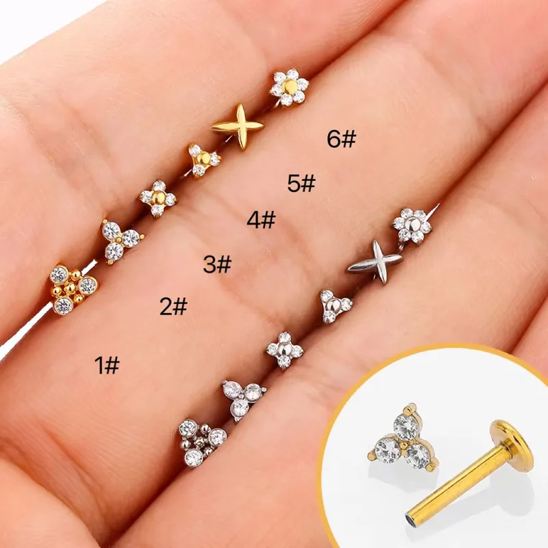 Wholesale 1 Piece Lip Rings Simple Style Classic Style Cross Flower 316L Stainless Steel Waterproof Non Tarnish Surgical Steel Zircon Ion Plating (IP)