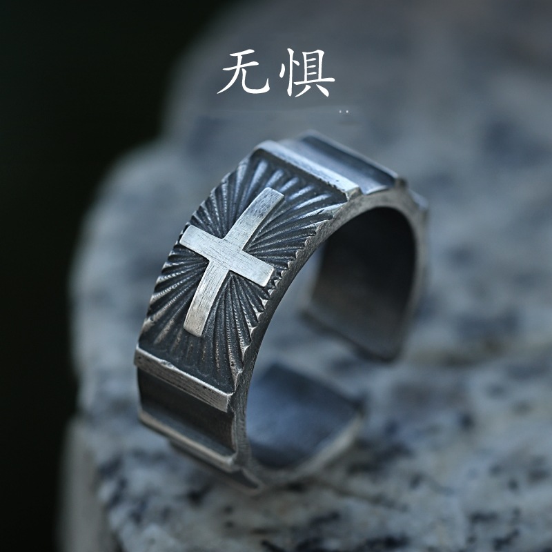 Wholesale Qianye retro cross Thai sier ring men's fashion gear niche unique Boys open personality ring