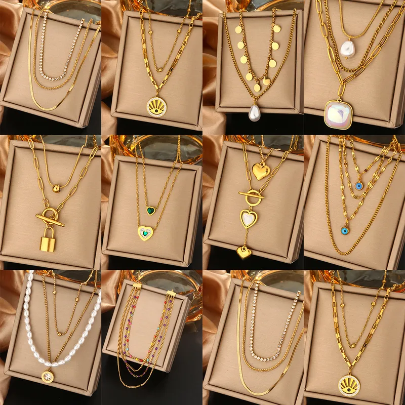 Wholesale PVD Coated 18K Gold Plated Devil's Eye Heart Shape Lock 304 Stainless Steel Vintage Style Commute Waterproof Non Tarnish Layered Necklaces