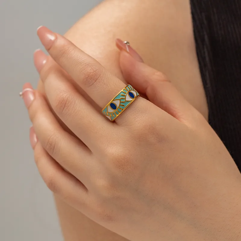 Wholesale PVD Coated Real Gold Plated Eye 304 Stainless Steel IG Style Waterproof Non Tarnish Open Ring