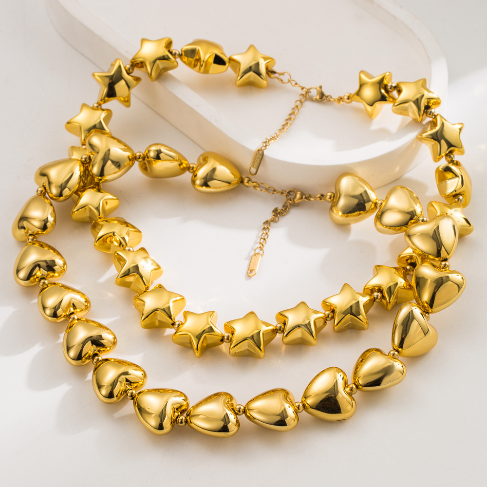 Wholesale European and American French Niche Stylish Exaerated Necklace Female Heart Star Beaded Clavicle Chain Stereo Creative Fashion Necklace