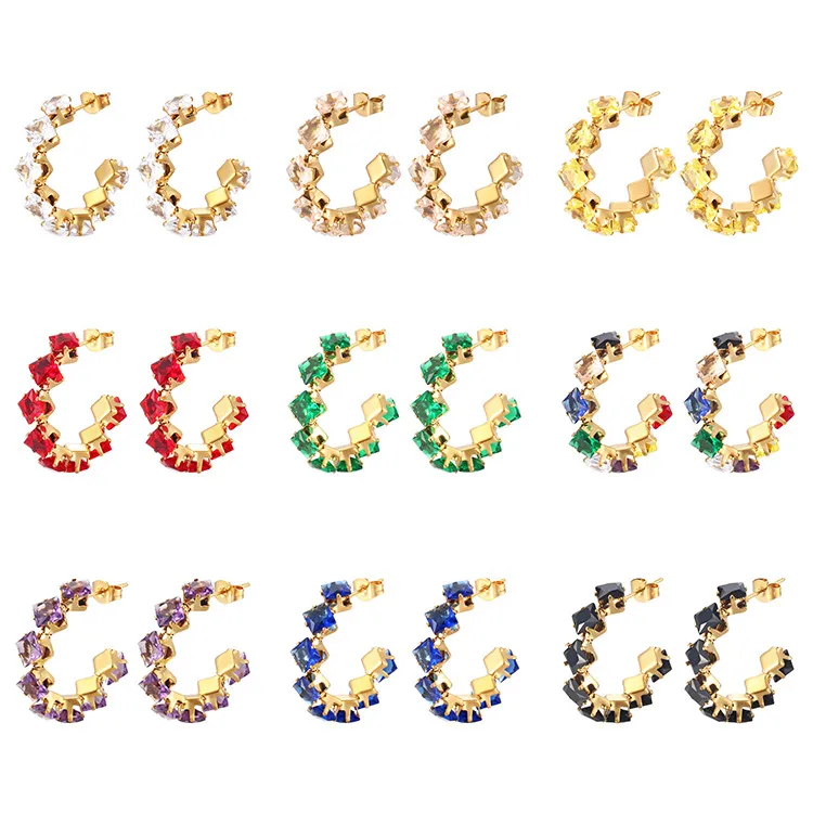 Wholesale 201 Stainless Steel Color Block Electroplated Zircon 18K Real Gold Plated Simple Style Commute Waterproof Non Tarnish Inlay Earrings