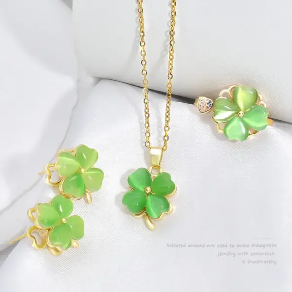 Wholesale Jewelry Fashion Four Leaf Clover Heart Shape Titanium Steel Rhinestones Cat's Eye Stone Plating Inlay Rings Earrings Necklace