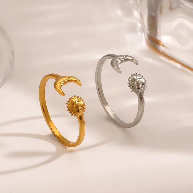 Wholesale Ion Plating (IP) 18K Gold Plated Sun Moon 304 Stainless Steel Hip-Hop Waterproof Non Tarnish Open Rings