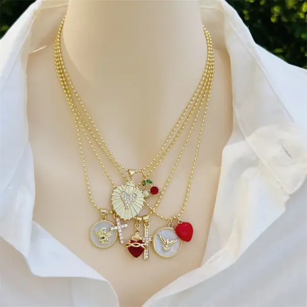 Copper Ball Chain 18K Gold Plated Inlay Cross Heart Shape Zircon Pendant Necklace