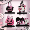 oly-cf2e7516d9df0424f1c7758e1ea87a27 Wholesale 4 Halloween Pink Pumpkin and Dwarf Wooden Figurines with Bases - Halloween Desktop Wooden Figurines