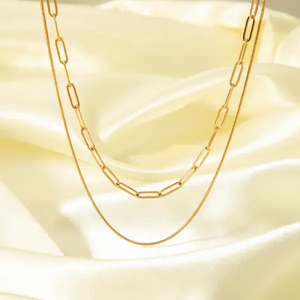 Wholesale 201 Stainless Steel Solid Color PVD Coated Real Gold Plated 18K Gold Modern Style Simple Style Streetwear Waterproof Non Tarnish Cable Chain Lobster Trigger Clasp Closure Gold Silver Double Layer Necklaces