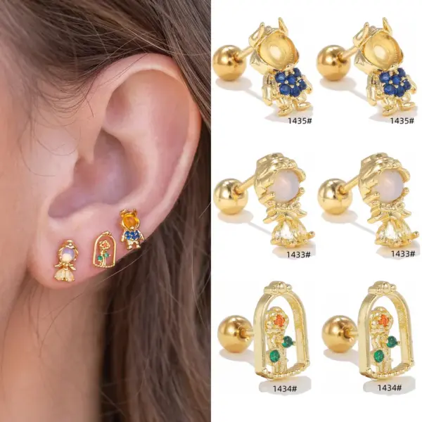 Wholesale 1 Piece Ig Style Simple Style Cartoon Plating Inlay Brass Zircon 18k Gold Plated White Gold Plated Ear Studs