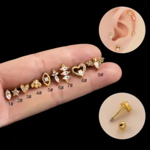 1 Piece 316L Stainless Steel Copper Zircon Ear Cartilage Rings & Studs Heart Shape Waterproof Non Tarnish Surgical Steel Ear Cartilage Rings & Studs