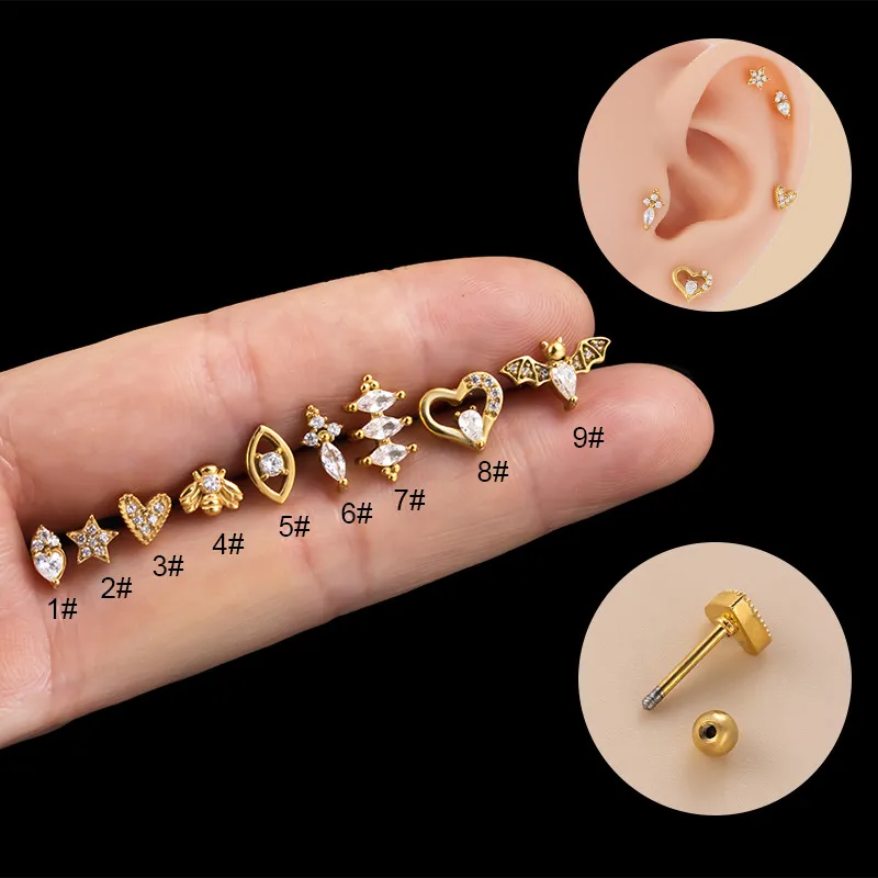 Wholesale 1 Piece 316L Stainless Steel Copper Zircon Ear Cartilage Rings & Studs Heart Shape Waterproof Non Tarnish Surgical Steel Ear Cartilage R
