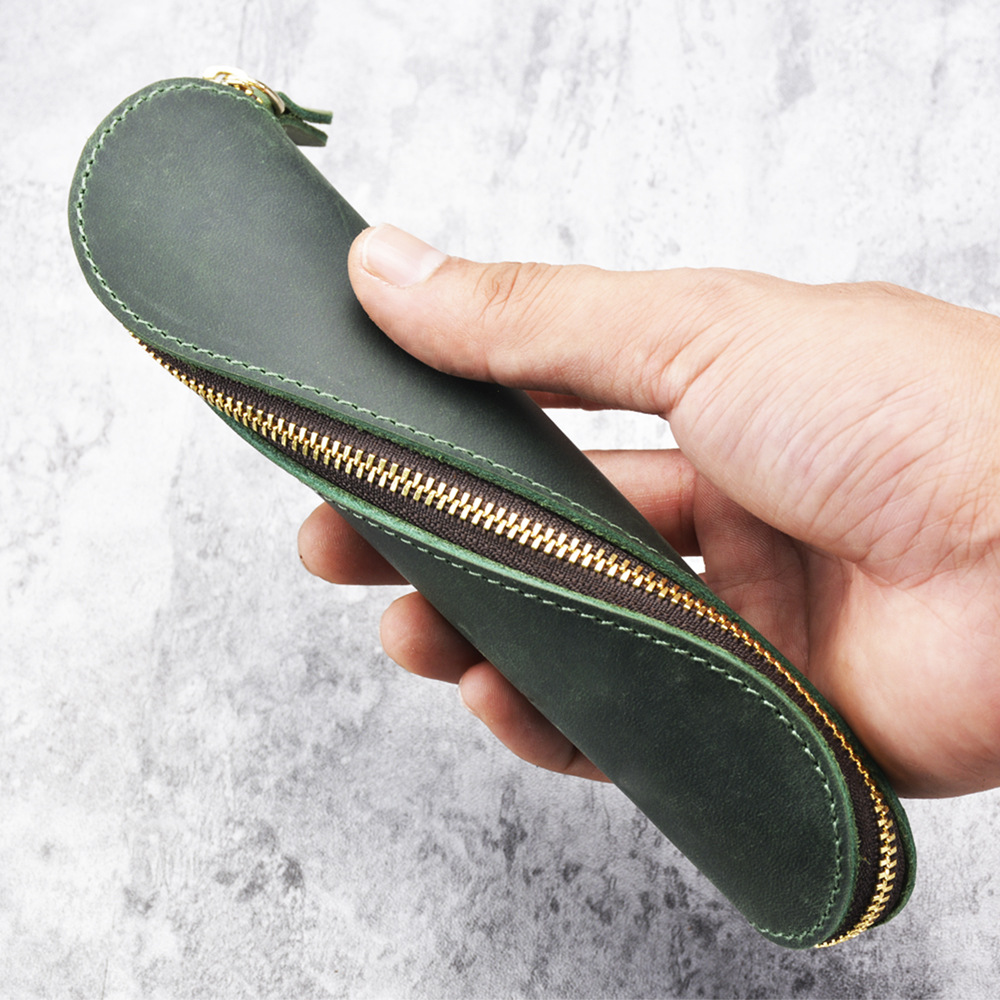Wholesale Handmade vintage genuine leather S-shaped crazy horse leather pencil case