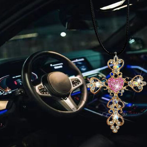 oly-cf649d0324086b2006c66cd658155f56 Wholesale Diamond-embedded love Cross Car Rearview Mirror decorative pendant alloy cross exquisite