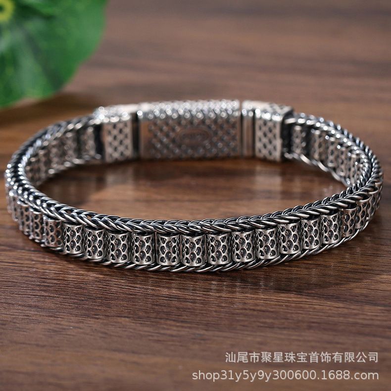 Wholesale Long Lin Passepartout Bracelet Diamond Pestle Sier Retro Bracelet Six Words True Words Transfer Bead Bracelet Double agon Head Sier Jewelry