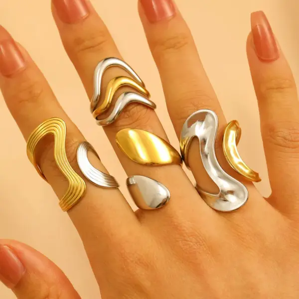 Wholesale 18K Gold Stainless Steel Ring Women's High-End Color Block Waterdrop Geometric Ring Fashionable Durable Jewelry Accessory