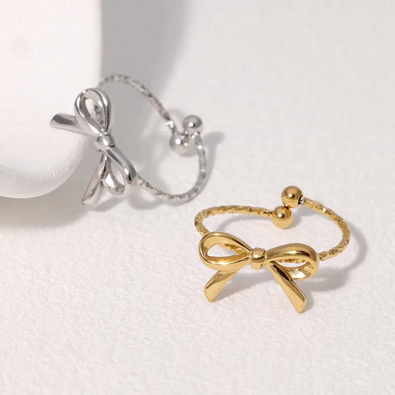 Wholesale PVD Coated Real Gold Plated 18K Gold Bow Knot 304 Stainless Steel Simple Style IG Style Waterproof Non Tarnish Open Rings