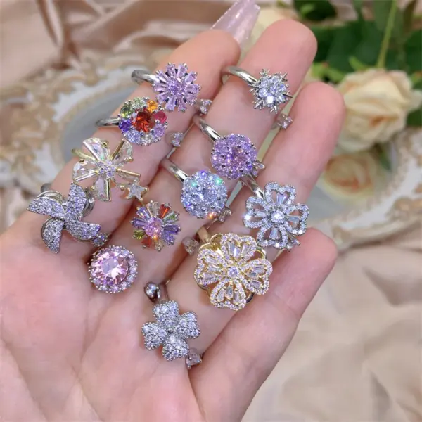 Wholesale Copper Plating Inlay Rabbit Four Leaf Clover Flower Zircon Copper Rings