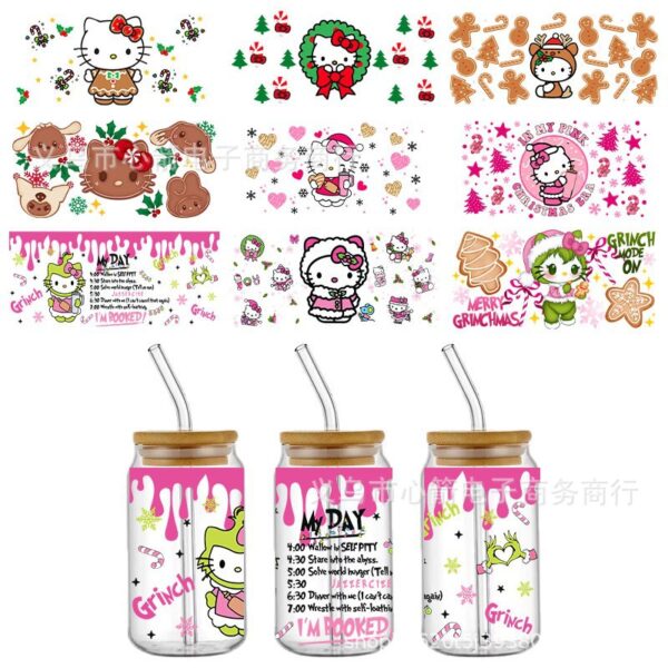 Wholesale Christmas HelloKitty UVDTF Crystal Transparent Sticker Cute Cartoon Pattern Glass Waterproof Scratch Resistant Cross Border