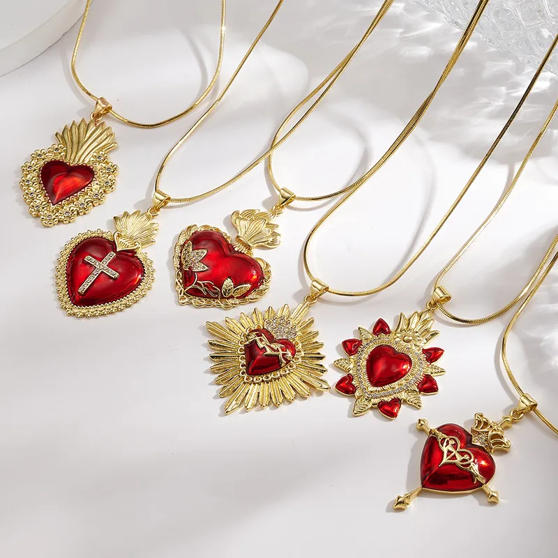Wholesale Hip-Hop INS Style Copper Color Retention Electroplated Gold Micro-Inlaid Zircon Colorful Oil op Cross Flower Light Heart Necklace