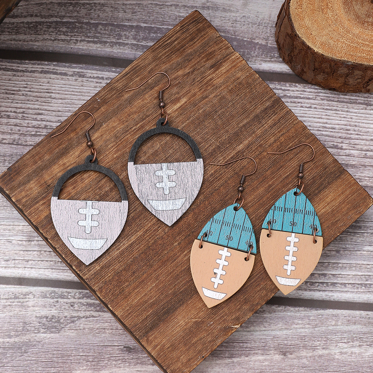 Wholesale Cross Border Srts Ball Rugby Wooden Earrings Laser Carved Earrings AliExpress Amazon
