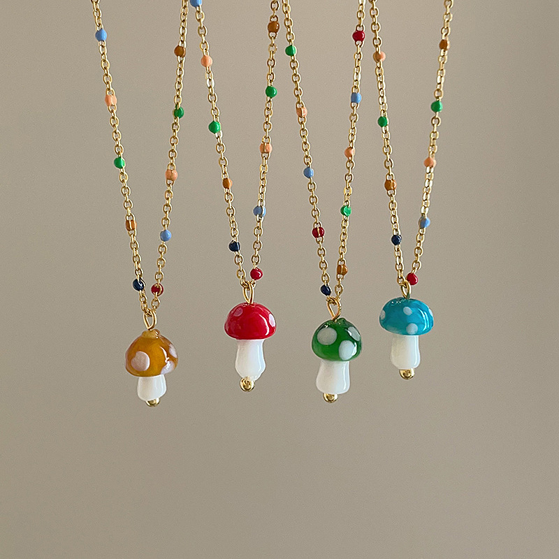 Wholesale Color Sugar Bean Glaze Mushroom Pendant Necklace Women's Light Luxury Elegant Elegant Necklace Clavicle Chain