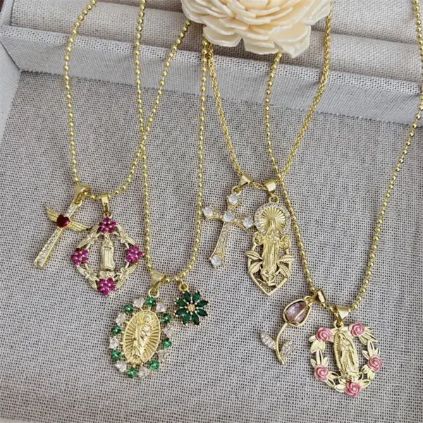 Wholesale Jewelry Retro Classic Style Cross Virgin Mary Copper Zircon 18K Gold Plated Pendant Necklace Ball Chain