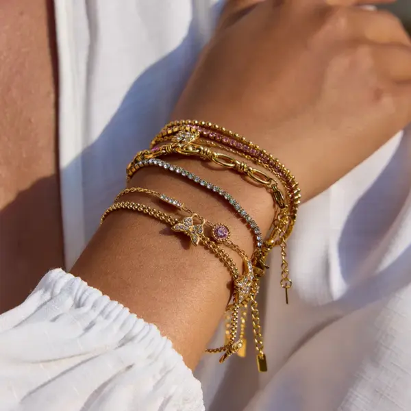 304 Stainless Steel M-Shaped Round Butterfly PVD Coated Real Gold Plated Casual Lady Waterproof Non Tarnish Micro Ser Whisper Thin Chain Bracelets