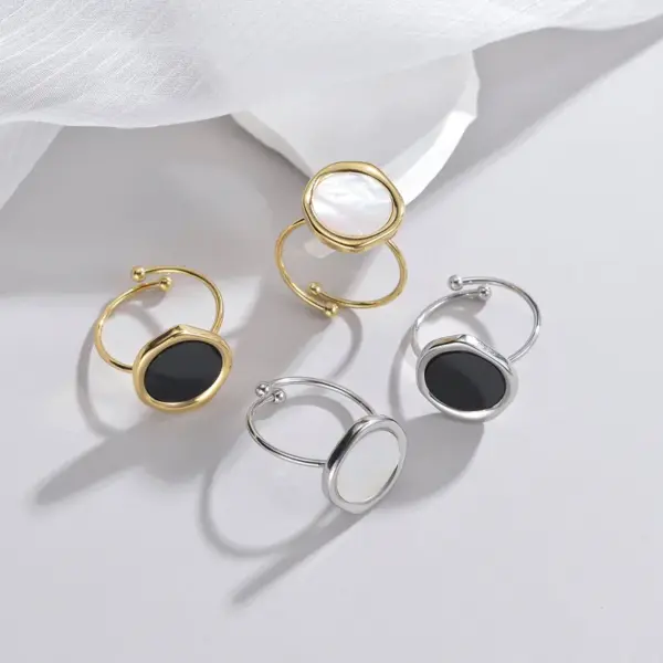 Wholesale 304 Stainless Steel Steel Ball 201 Stainless Steel Oval Vacuum Plating Acrylic Shell 18K Real Gold Plated Wedding Asymmetrical Plating Open Rings