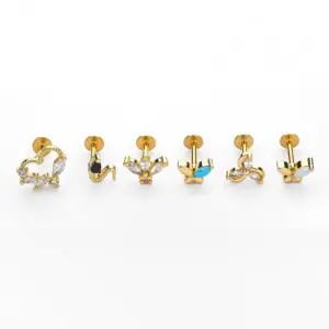 1 Piece Lip Rings Simple Style Crown Snake 316L Stainless Steel Waterproof Non Tarnish Surgical Steel December Birthstone Turquoise Zircon Vacuum Plating Gold Plated Lip Rings