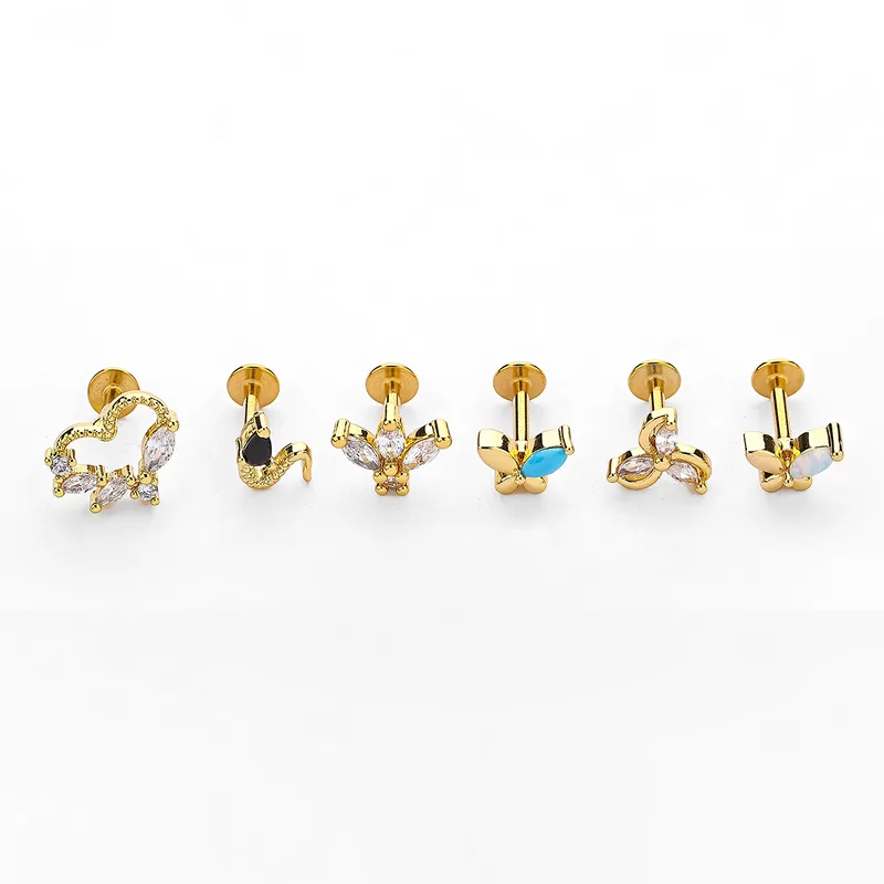 Wholesale 1 Piece Lip Rings Simple Style Crown Snake 316L Stainless Steel Waterproof Non Tarnish Surgical Steel December Birthstone Turquoise Zircon V