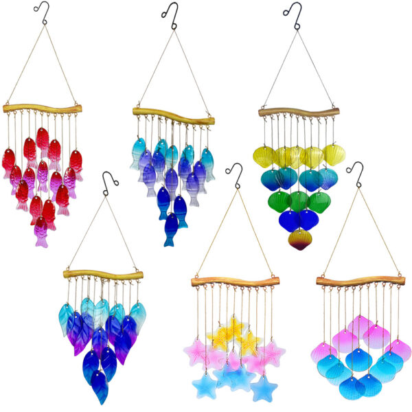 Wholesale Cross-border New Wind Bell Courtyard Hanging Iron Hot Melt Stained Glass Fish Leaves Creative Garden Home Hanging Decoration