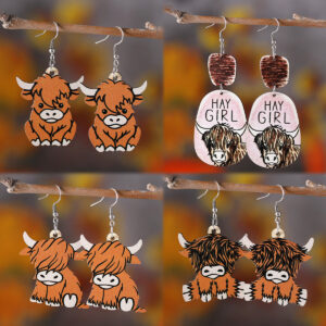 Wholesale Cross-border western style retro HAY GIRL cow head alpine cow personality pendant earrings double-sided wooden earrings gift