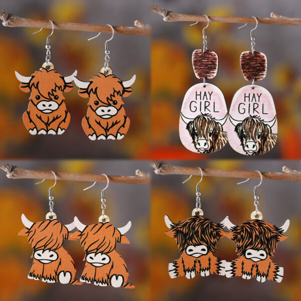 Wholesale Cross-border western style retro HAY GIRL cow head alpine cow personality pendant earrings double-sided wooden earrings gift