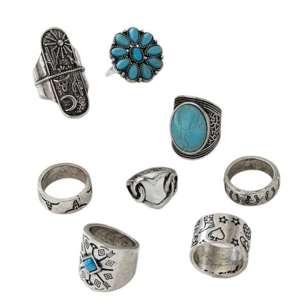 oly-d08b2a9486b8743b35098866a925ba50 Wholesale Retro Exaggerated Western Style Old Ancient Silver Turquoise Geometric Ring suit European and American Personality Punk Style Ring