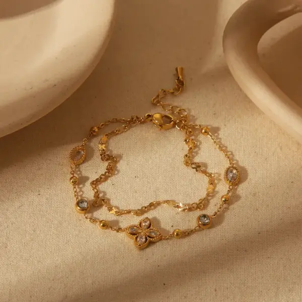 Wholesale Jewelry IG Style French Style Commute Four Leaf Clover Solid Color Flower 304 Stainless Steel Zircon 18K Gold Plated Bracelets Necklace