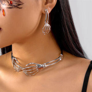 Silver - Bone Ghost Hand Necklace and Earring Set