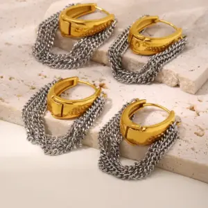 Wholesale PVD Coated Real Gold Plated 18K Gold Tassel 304 Stainless Steel Hip-Hop Rock Waterproof Non Tarnish Drop Earrings