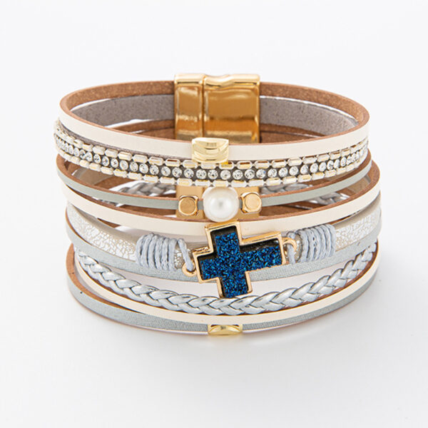 Wholesale Cross-border Hot Selling Jewelry Jewelry Bohemian Multi-layer Bracelet Woven Leather Cross Inlaid Pearl Bracelet