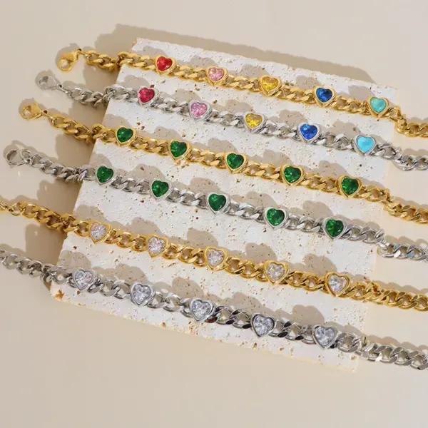 Wholesale Fashion Heart Shape 304 Stainless Steel 16K Gold Plated White Gold Plated Gold Plated Zircon Stainless Steel Bracelets In Bulk