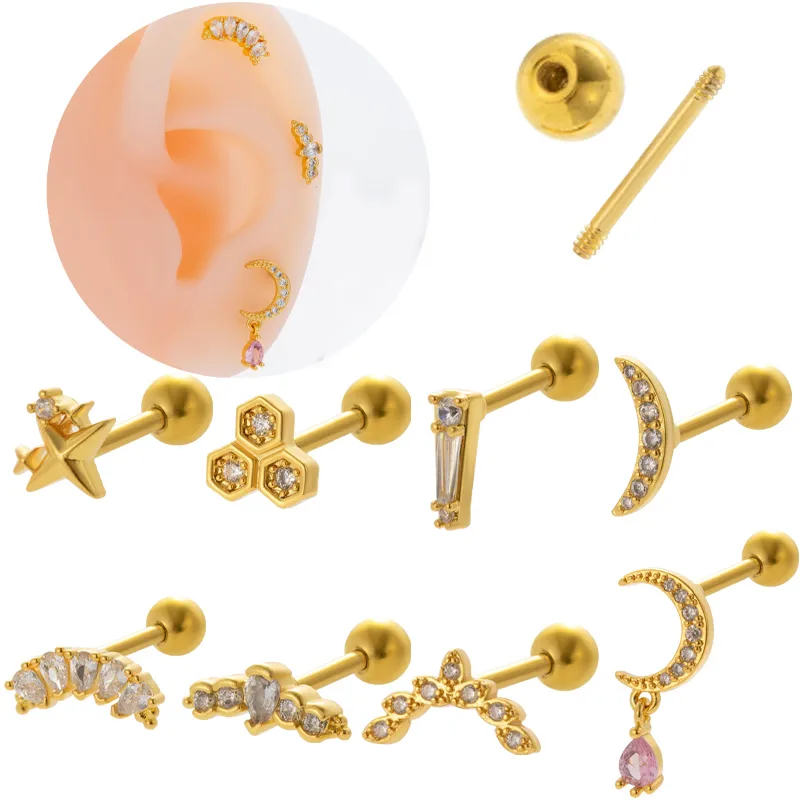 Wholesale 1 Piece Ear Cartilage Rings & Studs Vintage Style Simple Style Geometric Star Moon 316L Stainless Steel Copper Waterproof Non Tarnish Su