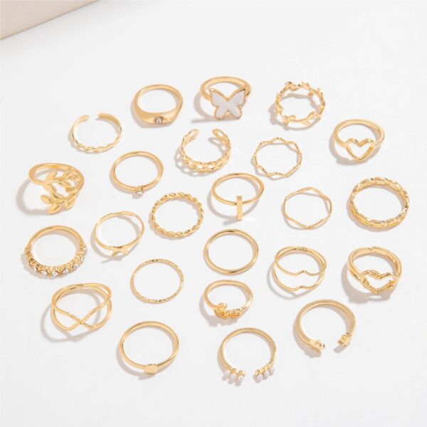 Wholesale European and American Cross-Border Fashion Versatile Leaf Love Ring Set Geometric Stacked Joint Pearl Ring Multi-Piece Set