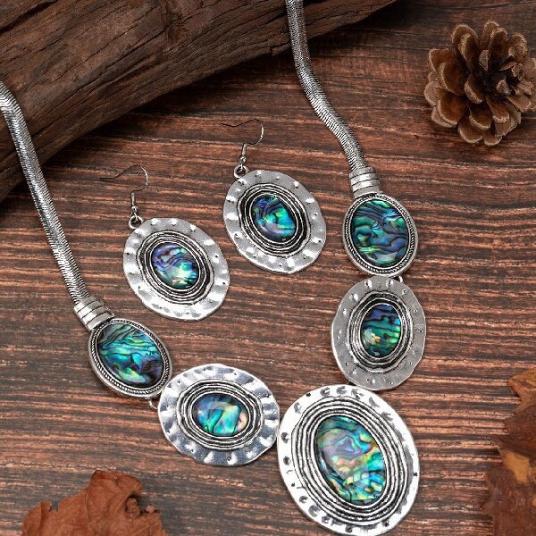 Wholesale New European and American Retro Fashion Oval Snake Chain Abalone Shells Earrings Necklace Jewelry suit